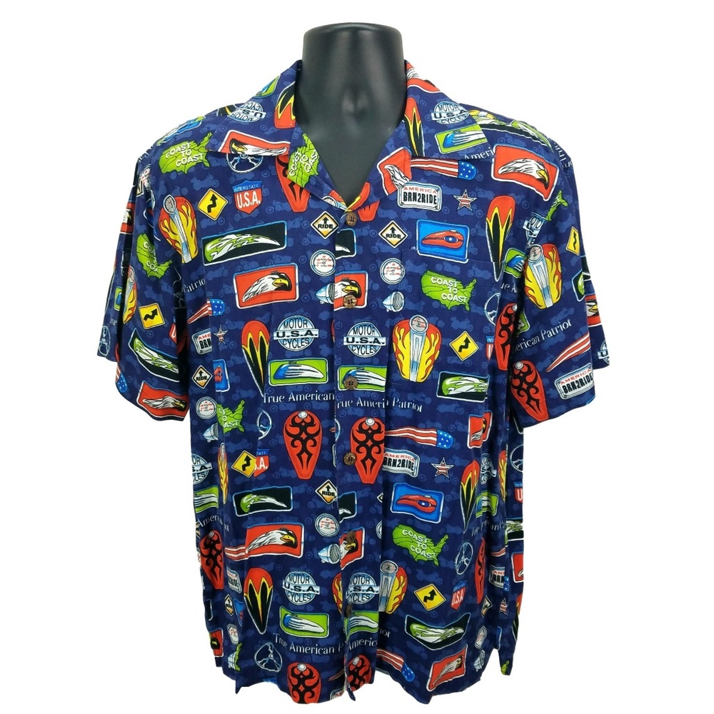 D'EM CRAZY Men's Hawaiian Shirt Medium Blue Motorcycle‎ Biker Aloha Short Sleeve